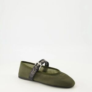 Miu Miu Olive Green embroidered mesh ballerinas